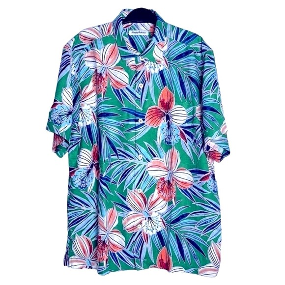 Tommy Bahama Mens Large Iris Oasis Emerald Green Hawaiin Short Sleeve Shirt NWT - Picture 3 of 7